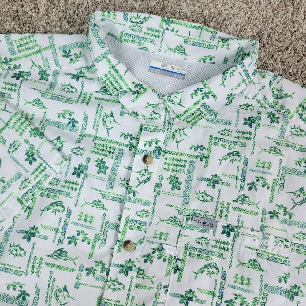 Columbia PFG Mens XL White Green AOP Floral Fish Vented Button Up Short Sleeve